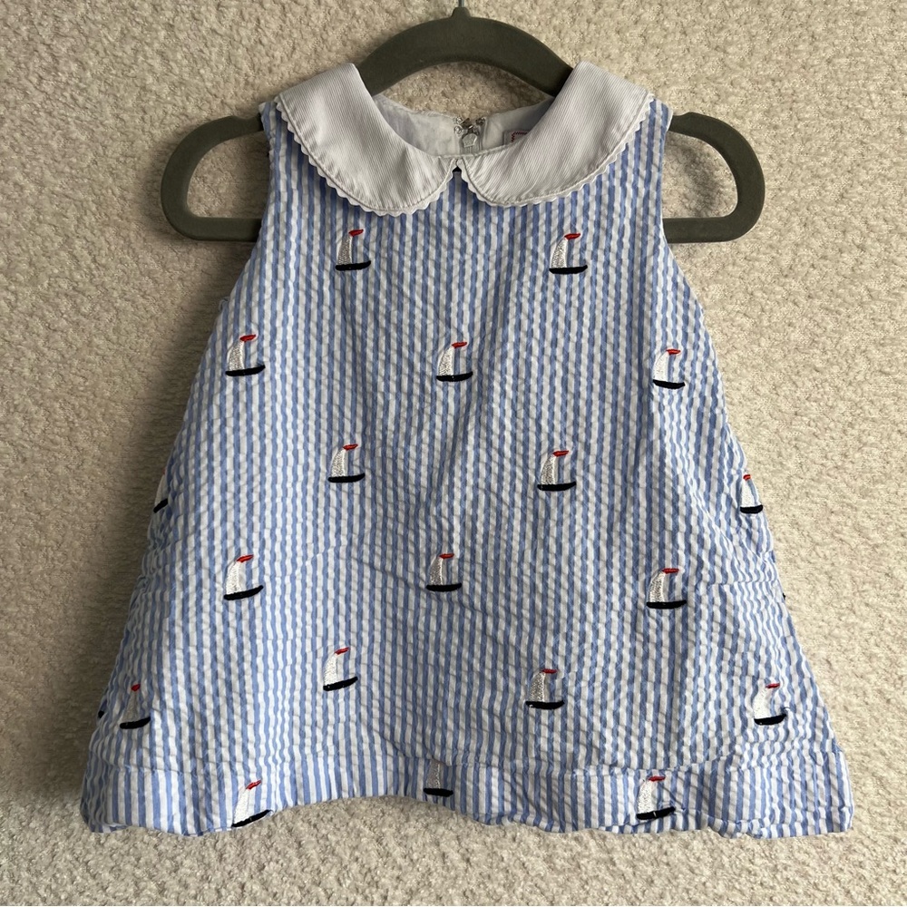 Classic Prep Infant Girl Seersucker Sailboats‎ Peter Pan Dress Size 9-12 Months